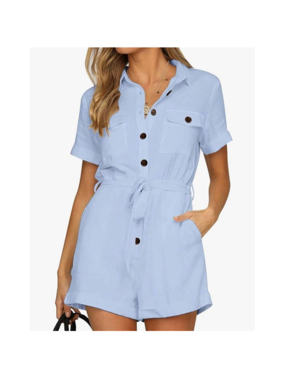 NEW 100% Cotton Pockets Romper Button Short Sleeve L NO BELT
Light blue

100% Co